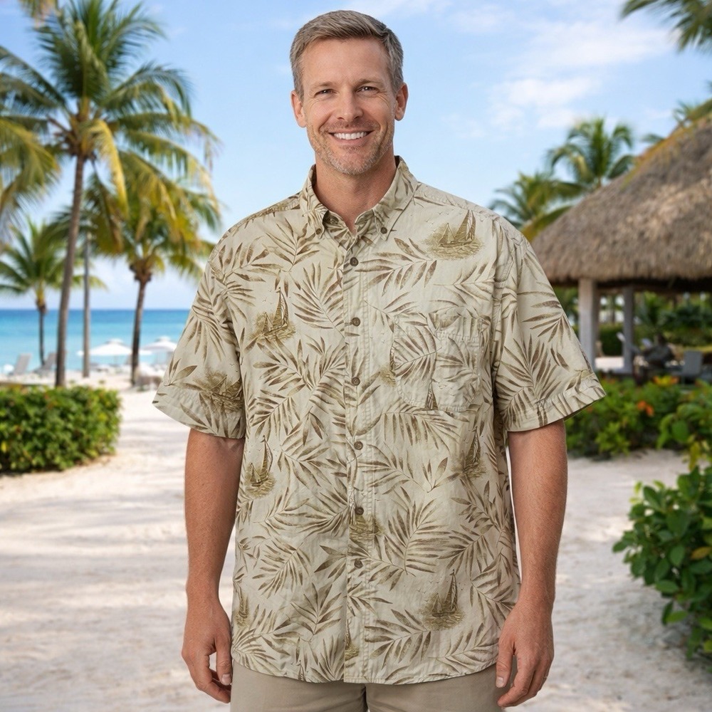 Woolrich Beige‎ Hawaiian Button Down Short Sleeve Coastal Resort Vacation L